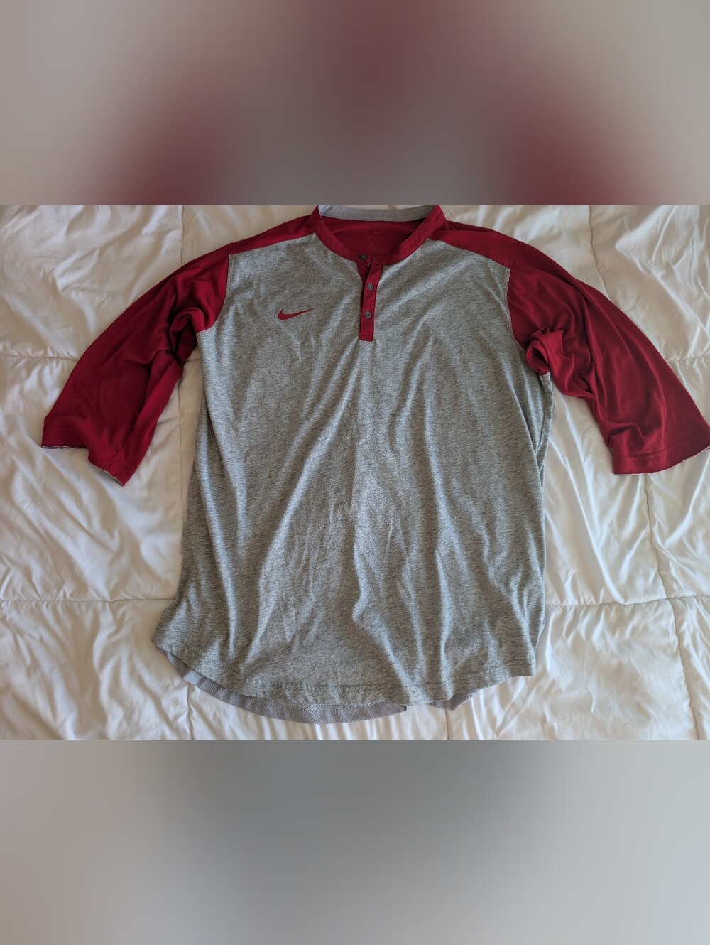 Nike Men’s Grey and Red Henley Long Sleeve Shirt